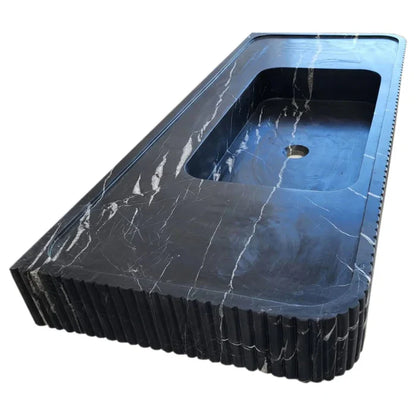 Nero Marquina Black Marble Hand Carved Fluted Wall Mount Bathroom Vanity Sink 48 x 20
