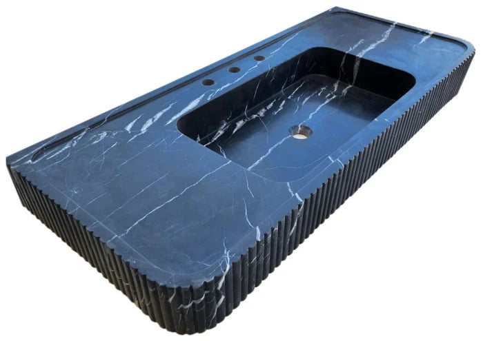 Nero Marquina Black Marble Hand Carved Fluted Wall Mount Bathroom Vanity Sink 48 x 20