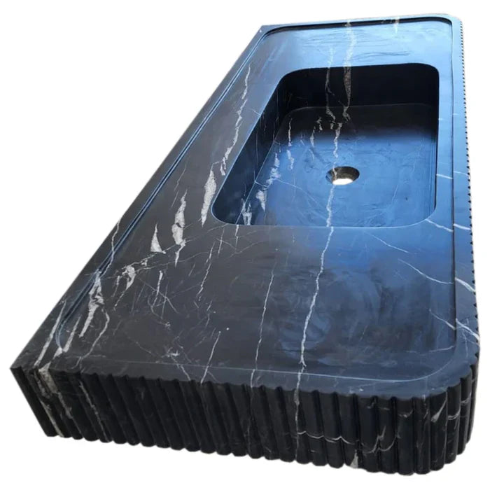 Nero Marquina Black Marble Hand Carved Fluted Wall Mount Bathroom Vanity Sink 48 x 20