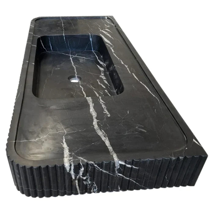 Nero Marquina Black Marble Hand Carved Fluted Wall Mount Bathroom Vanity Sink 48 x 20