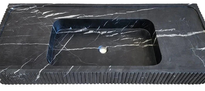 Nero Marquina Black Marble Hand Carved Fluted Wall Mount Bathroom Vanity Sink 48 x 20