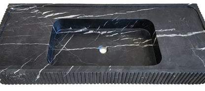 Nero Marquina Black Marble Hand Carved Fluted Wall Mount Bathroom Vanity Sink 48 x 20