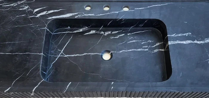 Nero Marquina Black Marble Hand Carved Fluted Wall Mount Bathroom Vanity Sink 48 x 20