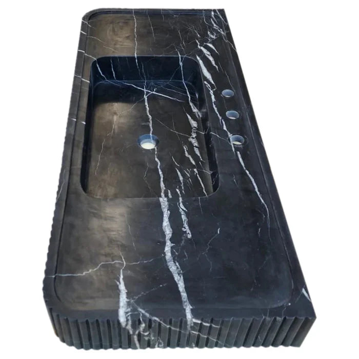 Nero Marquina Black Marble Hand Carved Fluted Wall Mount Bathroom Vanity Sink 48 x 20