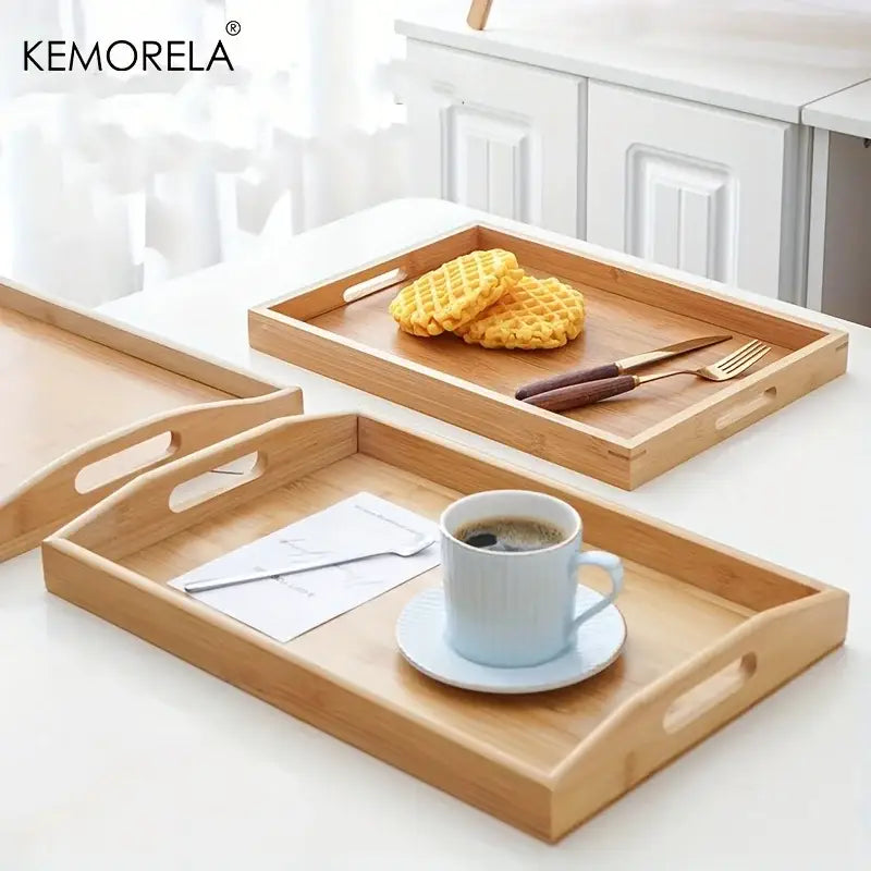 Nested light brown rectangular wooden trays kitchen storage organizer