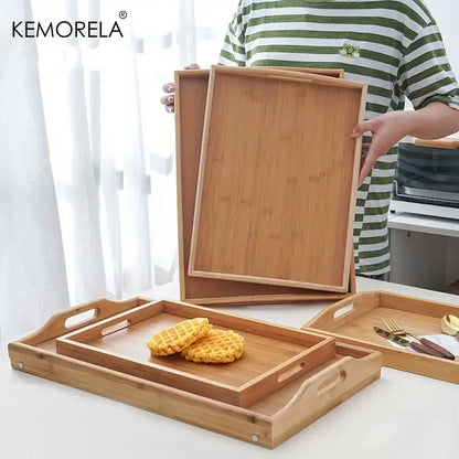 Nested light brown rectangular wooden trays kitchen storage organizer