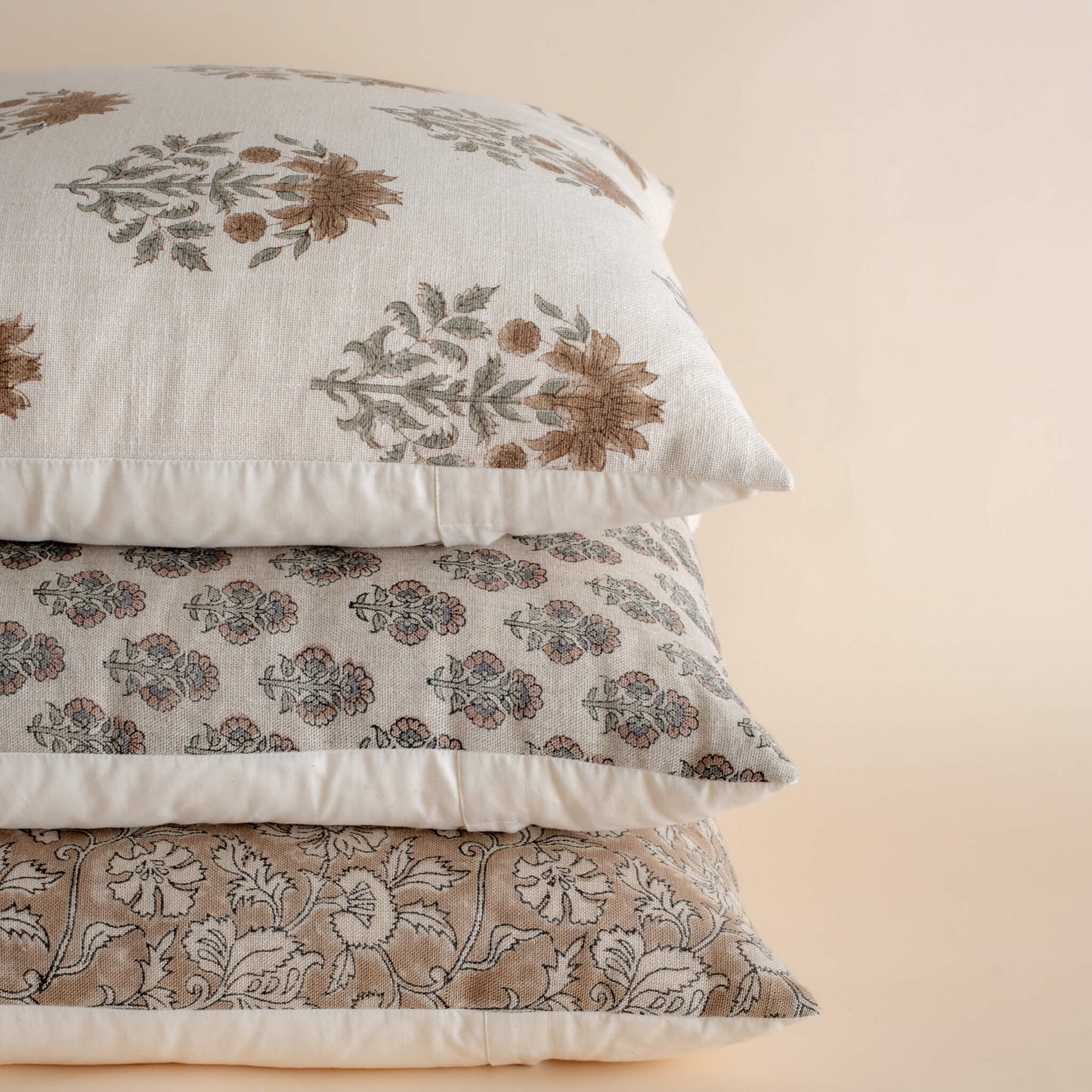 Veda Floral Block Printed Pillow Cover | Brown, Green