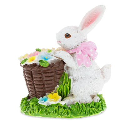 Spring Bunny Figurine With Floral Basket Easter Tabletop Accent 3 Inches Tall