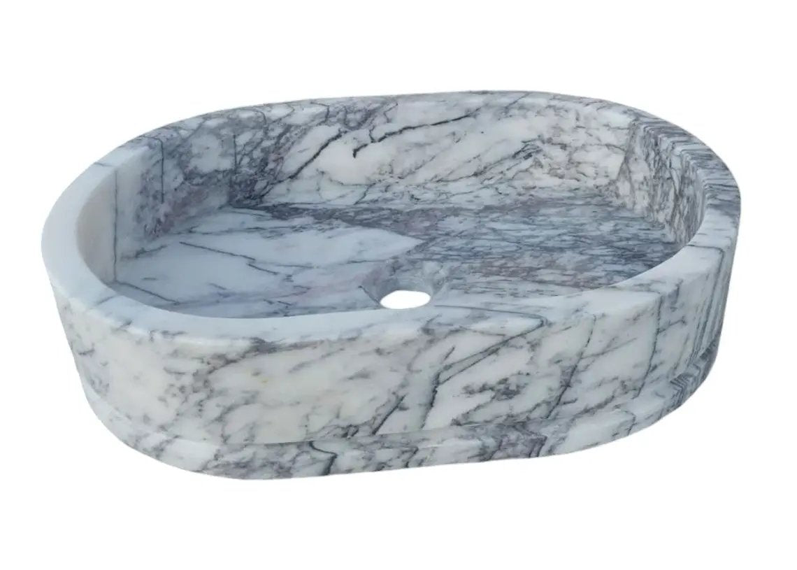 Handcrafted White Gray Marble Ellipse Wall Mount Sink 13