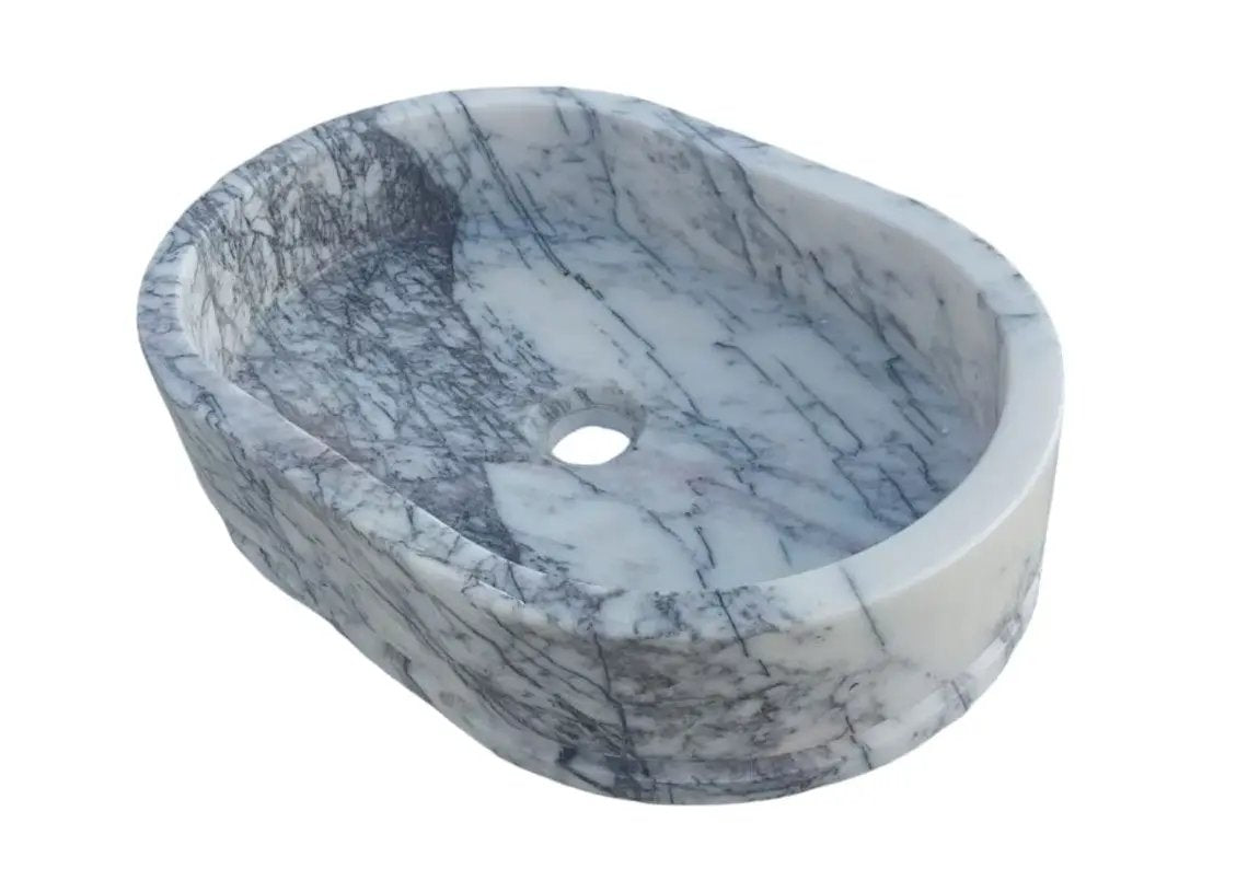 Handcrafted White Gray Marble Ellipse Wall Mount Sink 13