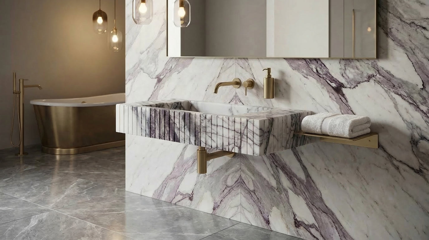 New York Marble Wall Mount Bathroom Sink Fluted Design with 12 by 20 by 5 Inch Size