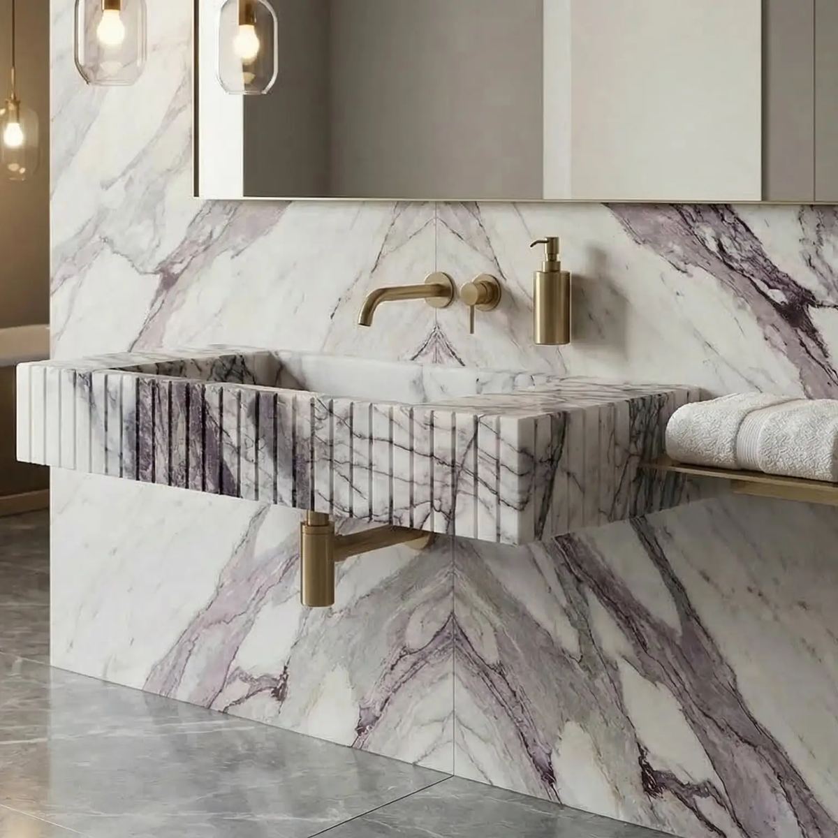 White Marble Fluted Wall Mount Bathroom Sink 12X20