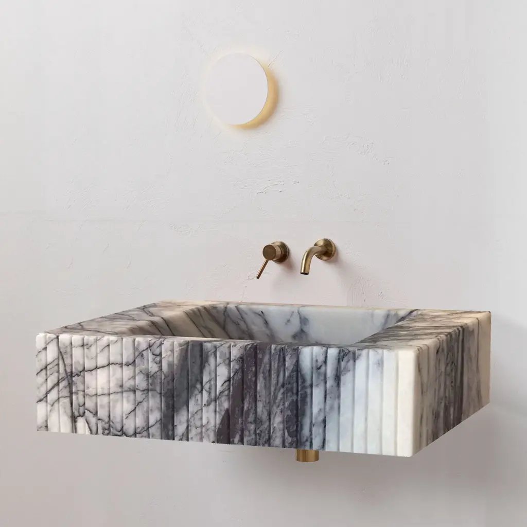White Marble Fluted Wall Mount Bathroom Sink 12X20