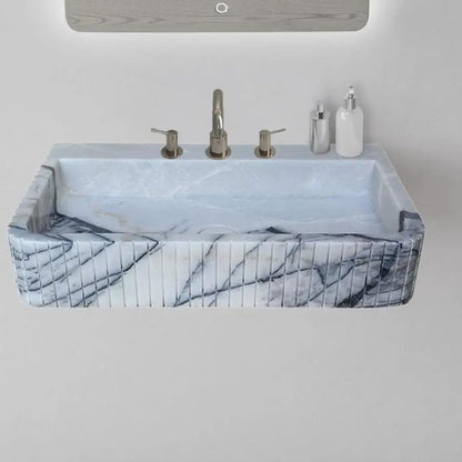 Premium White Fluted Marble Wall Mount Bathroom Sink 28 Inch Long
