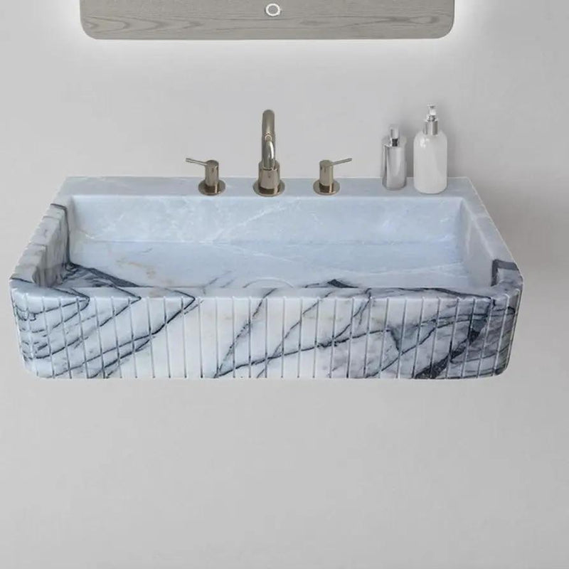 Premium White Fluted Marble Wall Mount Bathroom Sink 28 Inch Long
