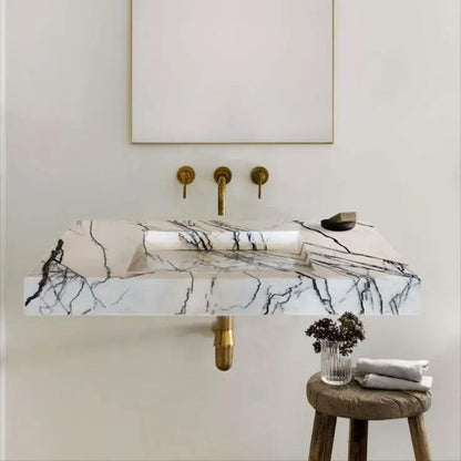 Handcrafted Wall Mount Natural Marble Bathroom Sink Polished