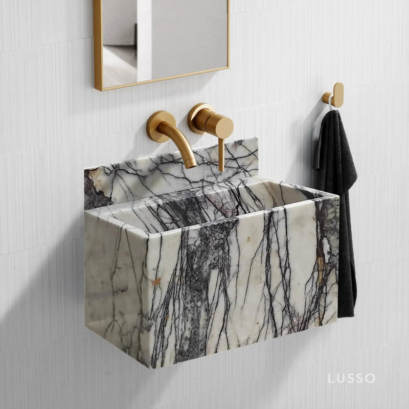 White Turkish Marble Wall Mount Bathroom Sink With Backsplash
