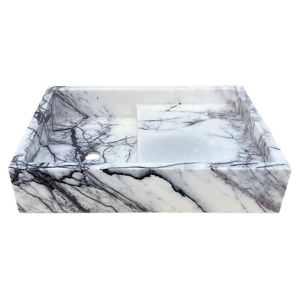 White Marble Wall Mount Bathroom Sink 16x24 Polished Rectangular Hand Carved
