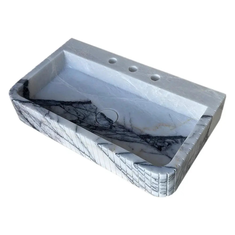 Premium White Fluted Marble Wall Mount Bathroom Sink 28 Inch Long