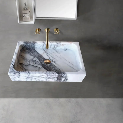 White Turkish Marble Rectangular Wall Mount Bathroom Sink Polished