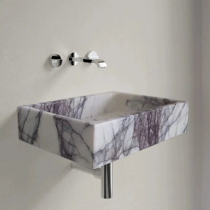 White Turkish Marble Rectangular Wall Mount Bathroom Sink Polished
