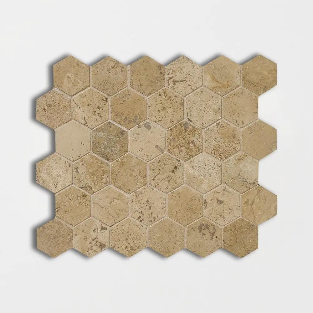 Noce Honed Filled Hexagon Travertine Mosaics 10 3/8x12