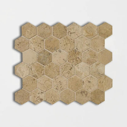 Noce Honed Filled Hexagon Travertine Mosaics 10 3/8x12