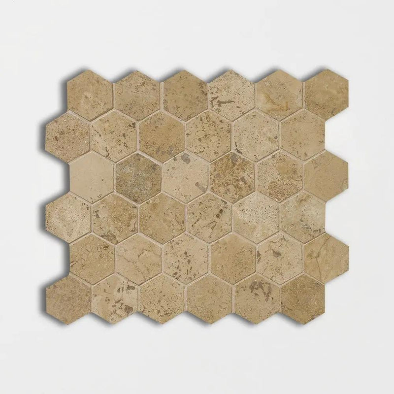 Noce Honed Filled Hexagon Travertine Mosaics 10 3/8x12