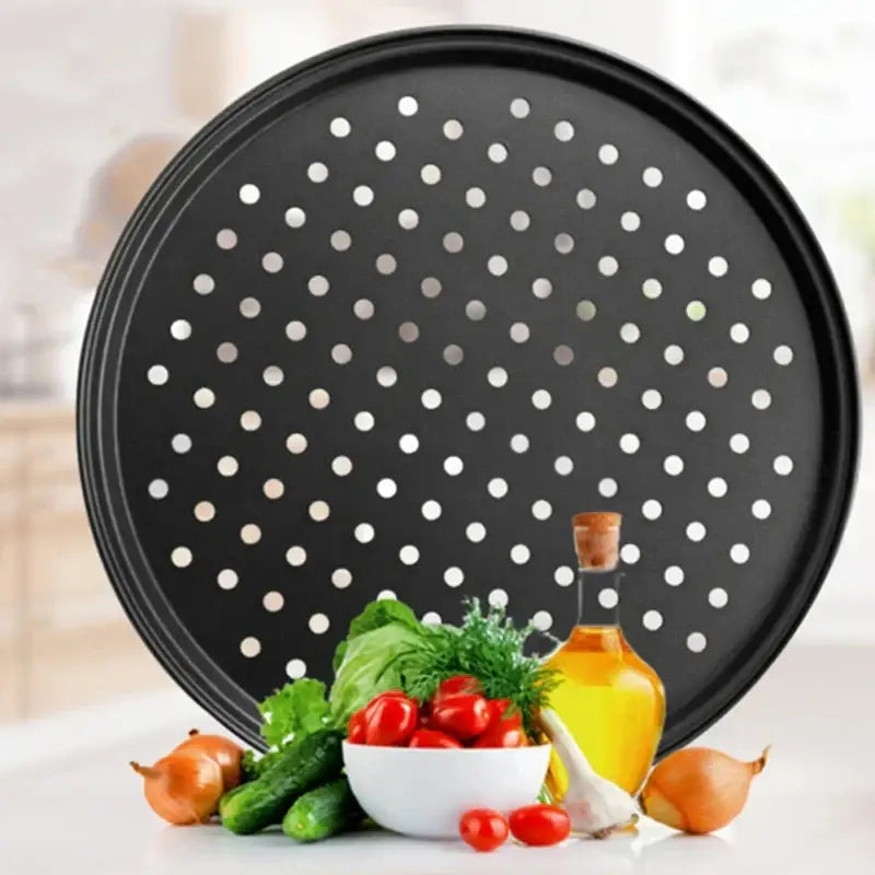 Non stick black carbon steel perforated pizza pan kitchen baking tray