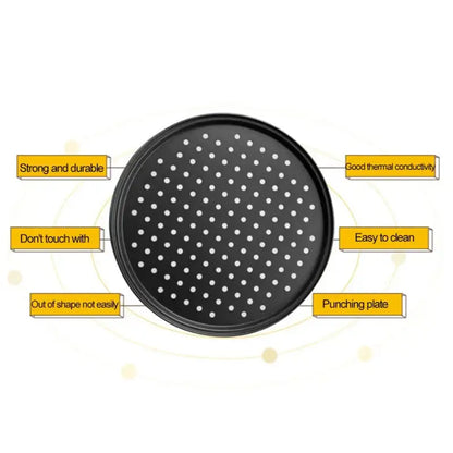 Non stick black carbon steel perforated pizza pan kitchen baking tray