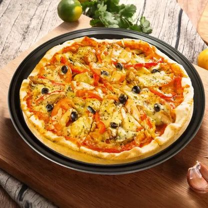 Non stick black carbon steel perforated pizza pan kitchen baking tray