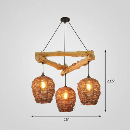 DecorBites™ Nordic 3-Bulb Island Light Brown Branch Pendant with Wooden Shade - Perfect for Bedrooms