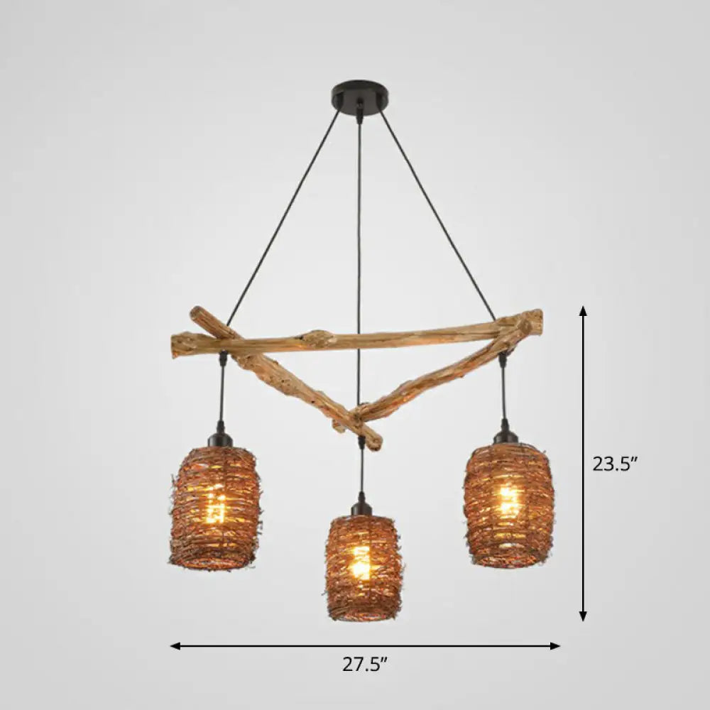 DecorBites™ Nordic 3-Bulb Island Light Brown Branch Pendant with Wooden Shade - Perfect for Bedrooms