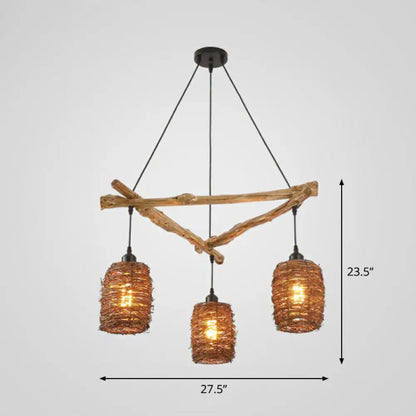 DecorBites™ Nordic 3-Bulb Island Light Brown Branch Pendant with Wooden Shade - Perfect for Bedrooms