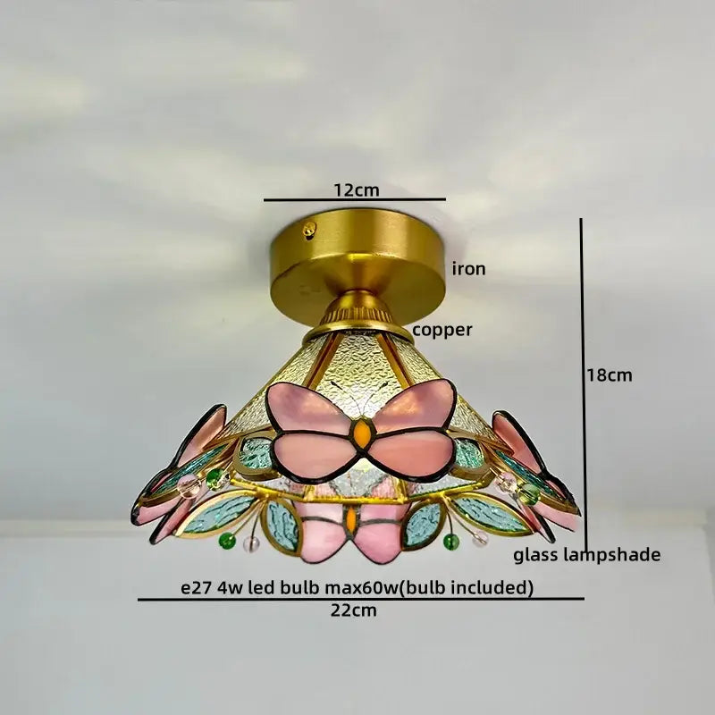 Nordic amber & teal stained glass copper led ceiling light bedroom