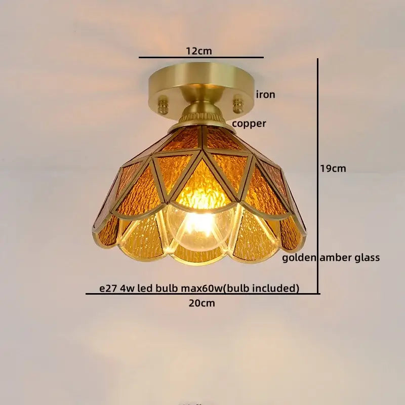 Nordic amber & teal stained glass copper led ceiling light bedroom