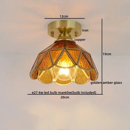 Nordic amber & teal stained glass copper led ceiling light bedroom
