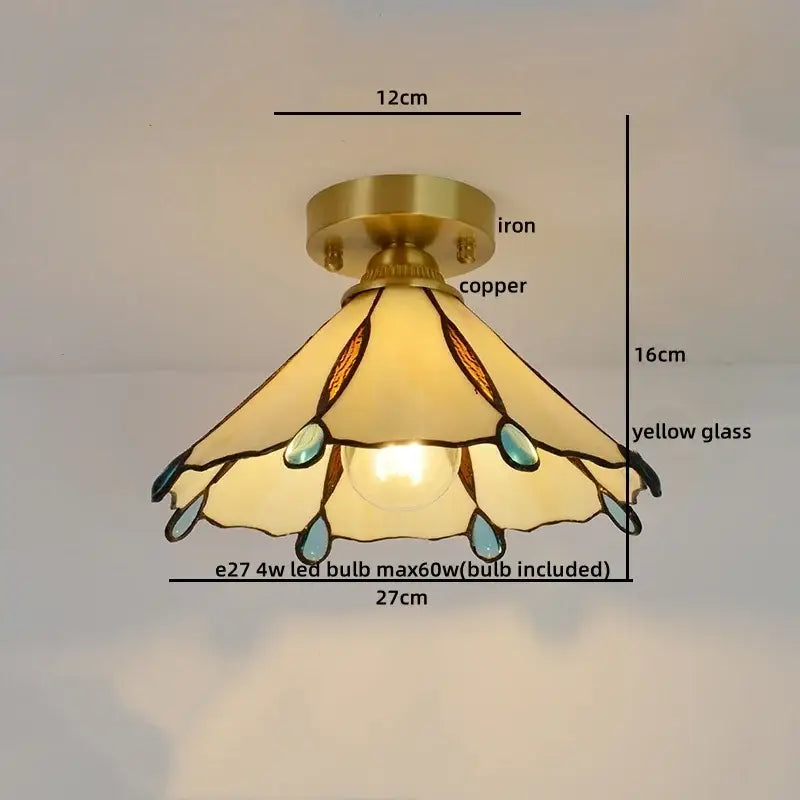 Nordic amber & teal stained glass copper led ceiling light bedroom