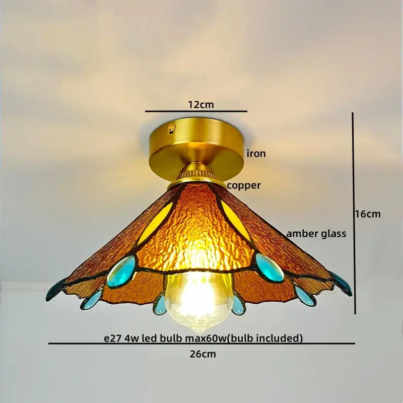 Nordic amber & teal stained glass copper led ceiling light bedroom