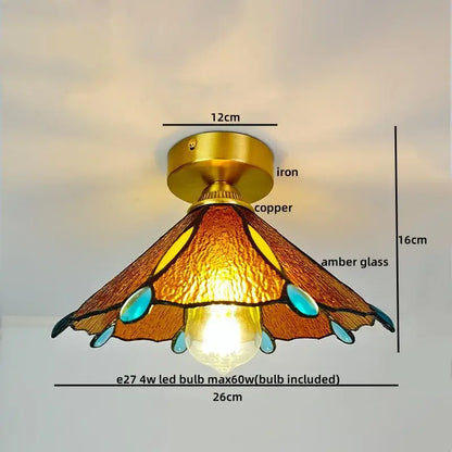 Nordic amber & teal stained glass copper led ceiling light bedroom