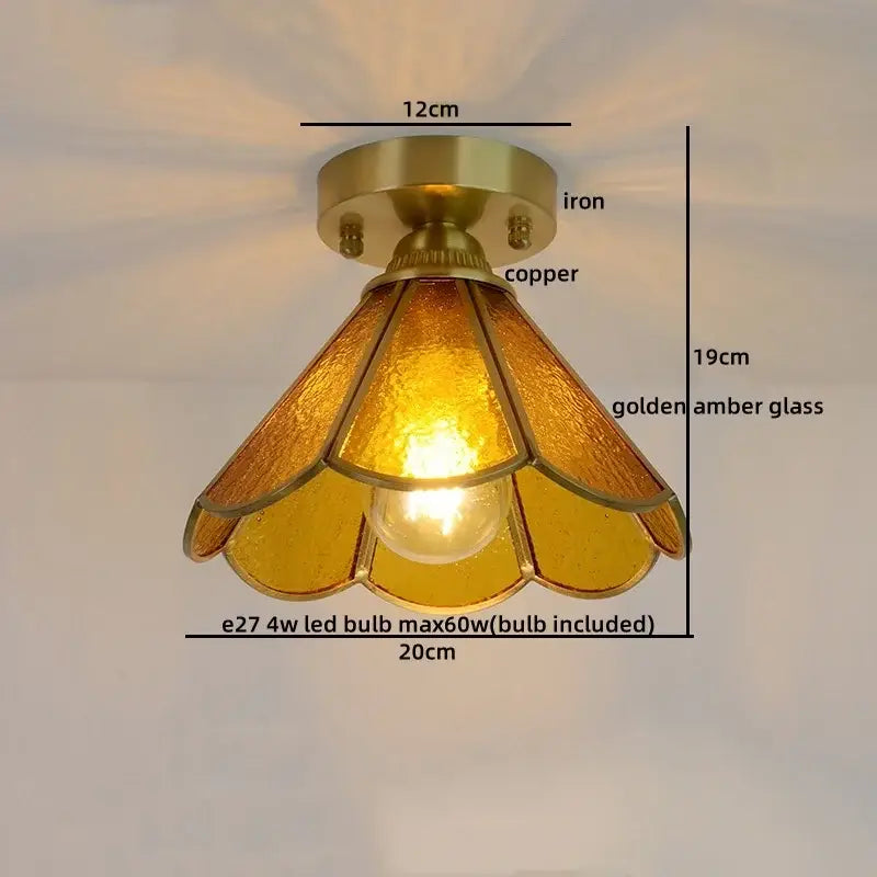 Nordic amber & teal stained glass copper led ceiling light bedroom