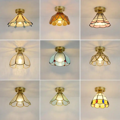 Nordic amber & teal stained glass copper led ceiling light bedroom