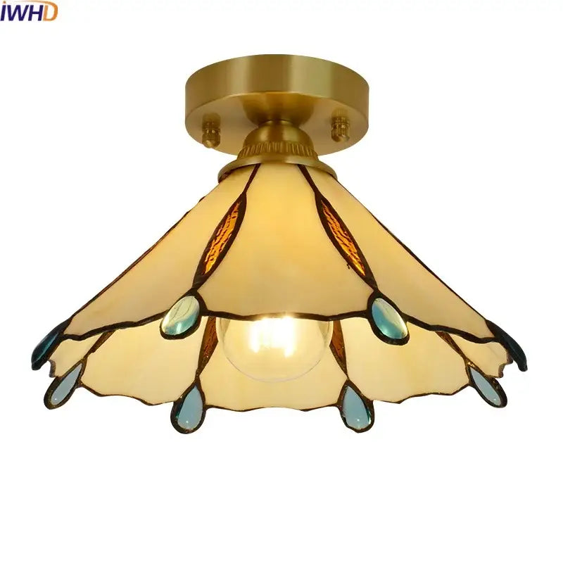 Nordic amber & teal stained glass copper led ceiling light bedroom
