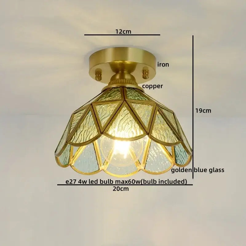 Nordic amber & teal stained glass copper led ceiling light bedroom