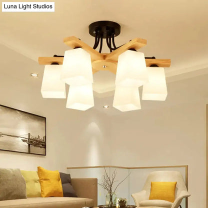 DecorBites™ Nordic Black and Wood Semi Flush Mount Chandelier with Milk Glass Shade - 3/6/8 Light Ceiling Fixture for Living Room