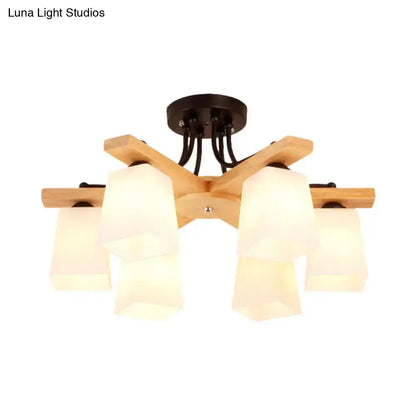 DecorBites™ Nordic Black and Wood Semi Flush Mount Chandelier with Milk Glass Shade - 3/6/8 Light Ceiling Fixture for Living Room