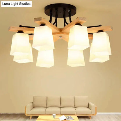 DecorBites™ Nordic Black and Wood Semi Flush Mount Chandelier with Milk Glass Shade - 3/6/8 Light Ceiling Fixture for Living Room