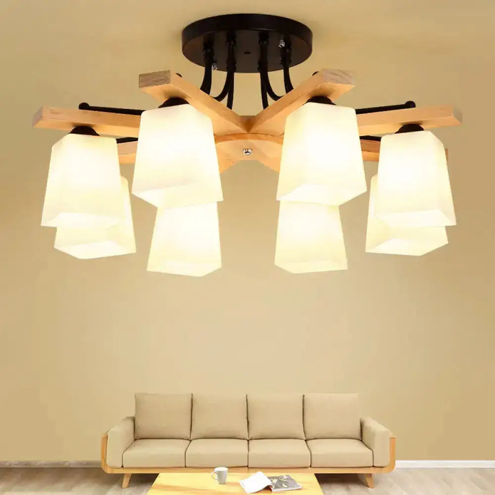 DecorBites™ Nordic Black and Wood Semi Flush Mount Chandelier with Milk Glass Shade - 3/6/8 Light Ceiling Fixture for Living Room