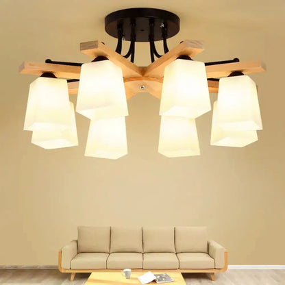 DecorBites™ Nordic Black and Wood Semi Flush Mount Chandelier with Milk Glass Shade - 3/6/8 Light Ceiling Fixture for Living Room