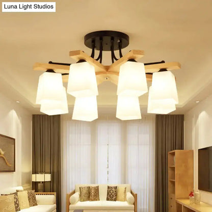 DecorBites™ Nordic Black and Wood Semi Flush Mount Chandelier with Milk Glass Shade - 3/6/8 Light Ceiling Fixture for Living Room